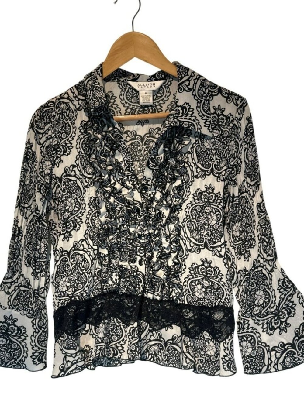 Allison Taylor Womens Top Blouse Shirt M Lace Black Boho Floral Cottage Peasant